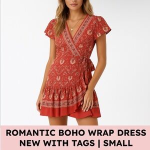 Boho Wrap Dress Red Floral V-Neck Flutter Sleeve Ruffle Hem Cottagecore S FLOWY